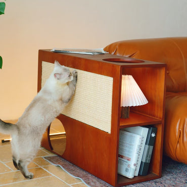 Shared antique style solid wood sofa with cat scratch cloth on the edge for both humans and pets