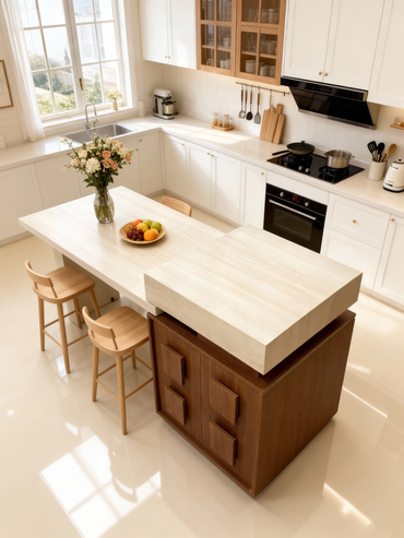 Bottom hanging rock slab island dining table integrated retractable home antique style walnut color open kitchen dining room island table