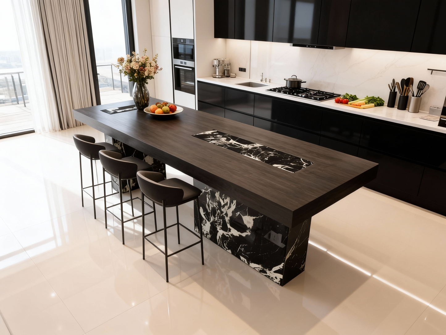 Modern minimalist designer style, internet famous solid wood tea table, black and white marble creative art tea table, dining table, desk