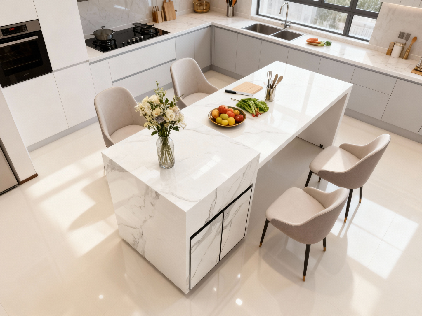 Integrated island table with sink, open kitchen, high-end rock slab island table