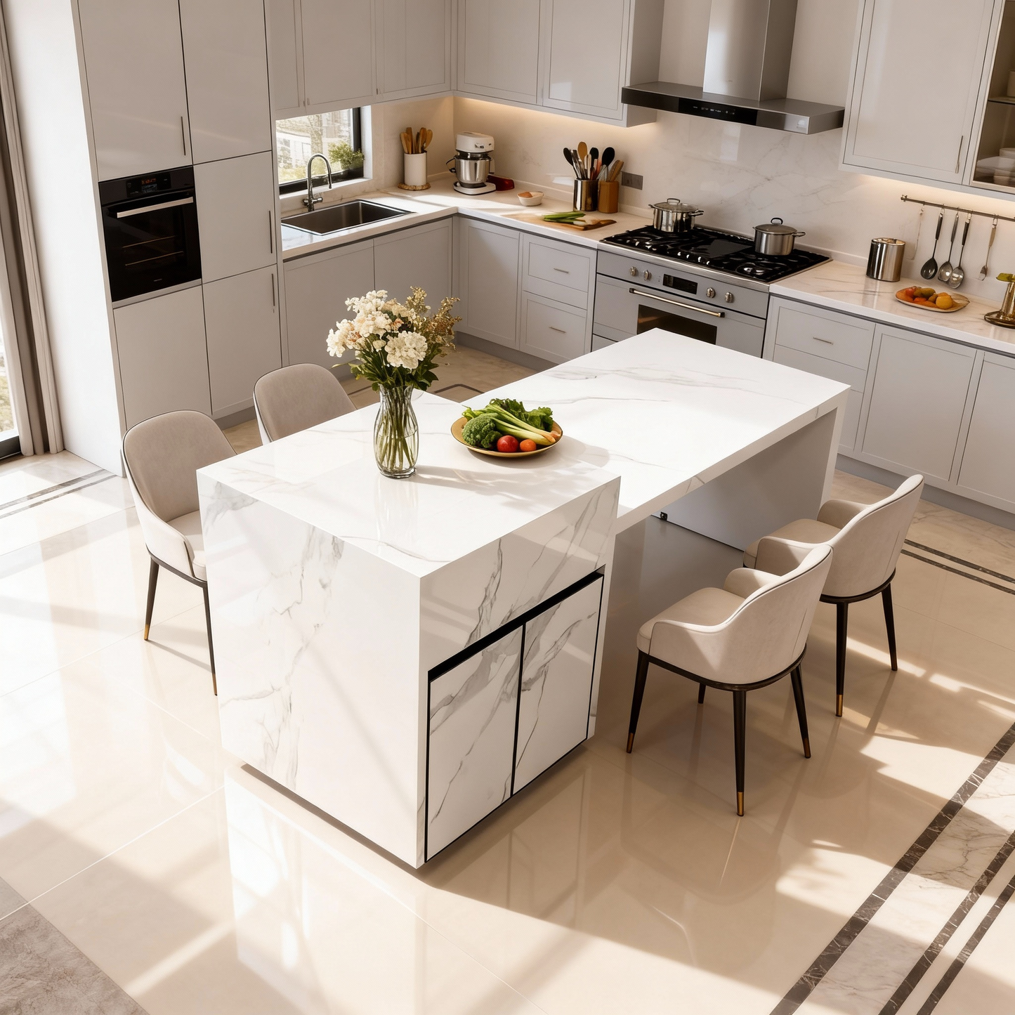Integrated island table with sink, open kitchen, high-end rock slab island table