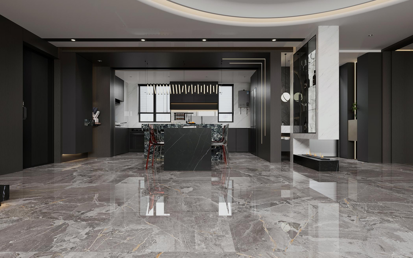 Dark colored ceramic tiles, marble tiles throughout the living room