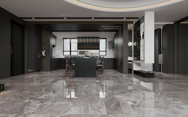 Dark colored ceramic tiles, marble tiles throughout the living room