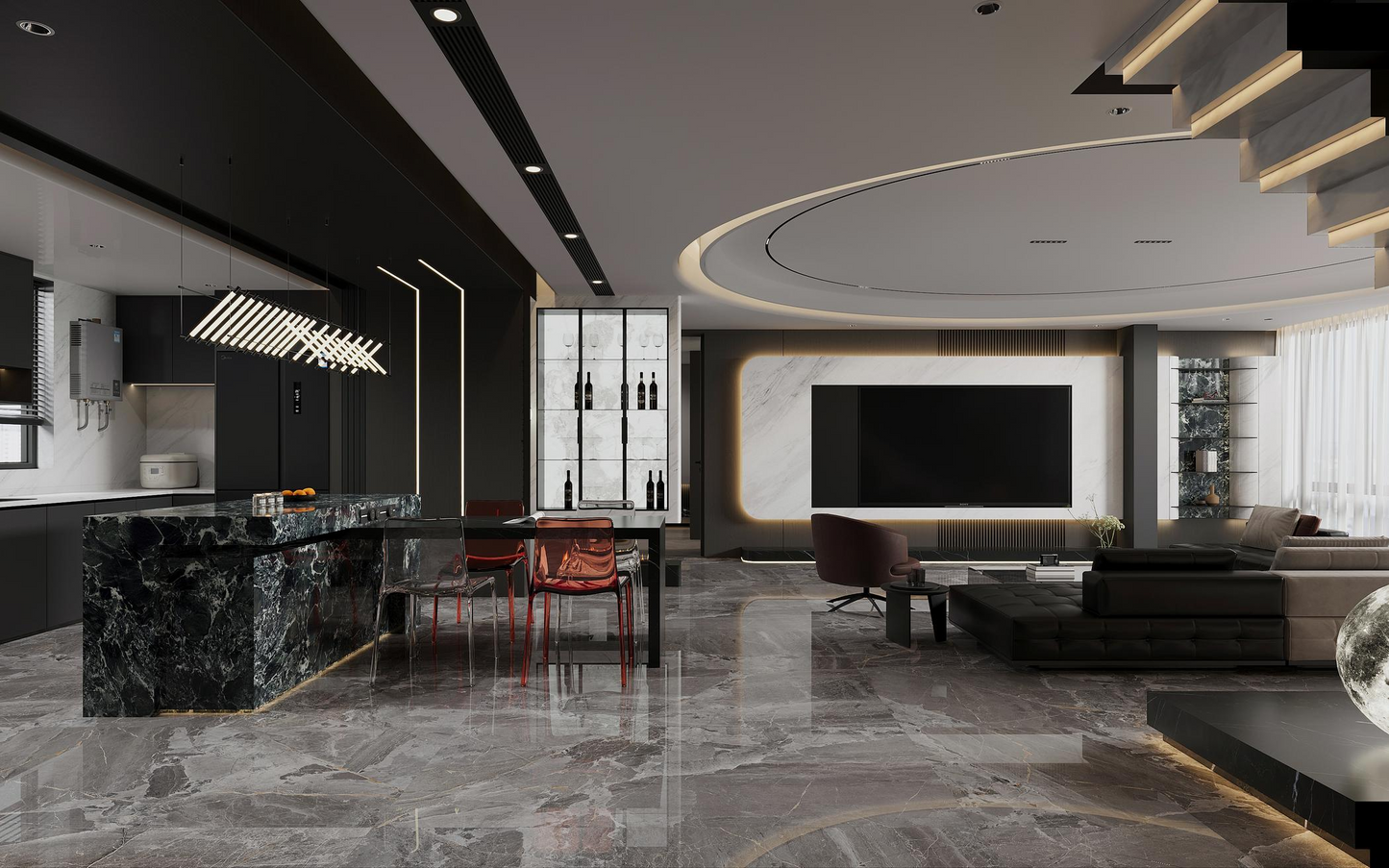 Dark colored ceramic tiles, marble tiles throughout the living room