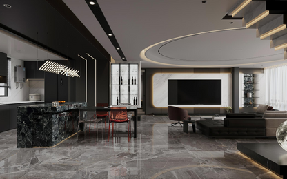 Dark colored ceramic tiles, marble tiles throughout the living room