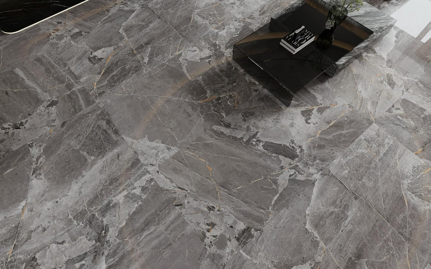 Dark colored ceramic tiles, marble tiles throughout the living room