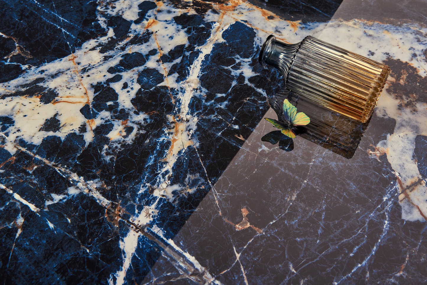 Gemstone blue tiles, marble tiles, living room, villa, deep blue floor tiles