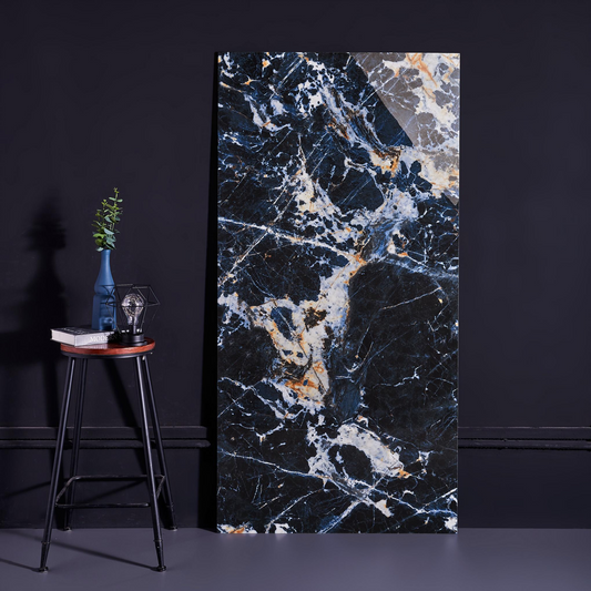 Gemstone blue tiles, marble tiles, living room, villa, deep blue floor tiles