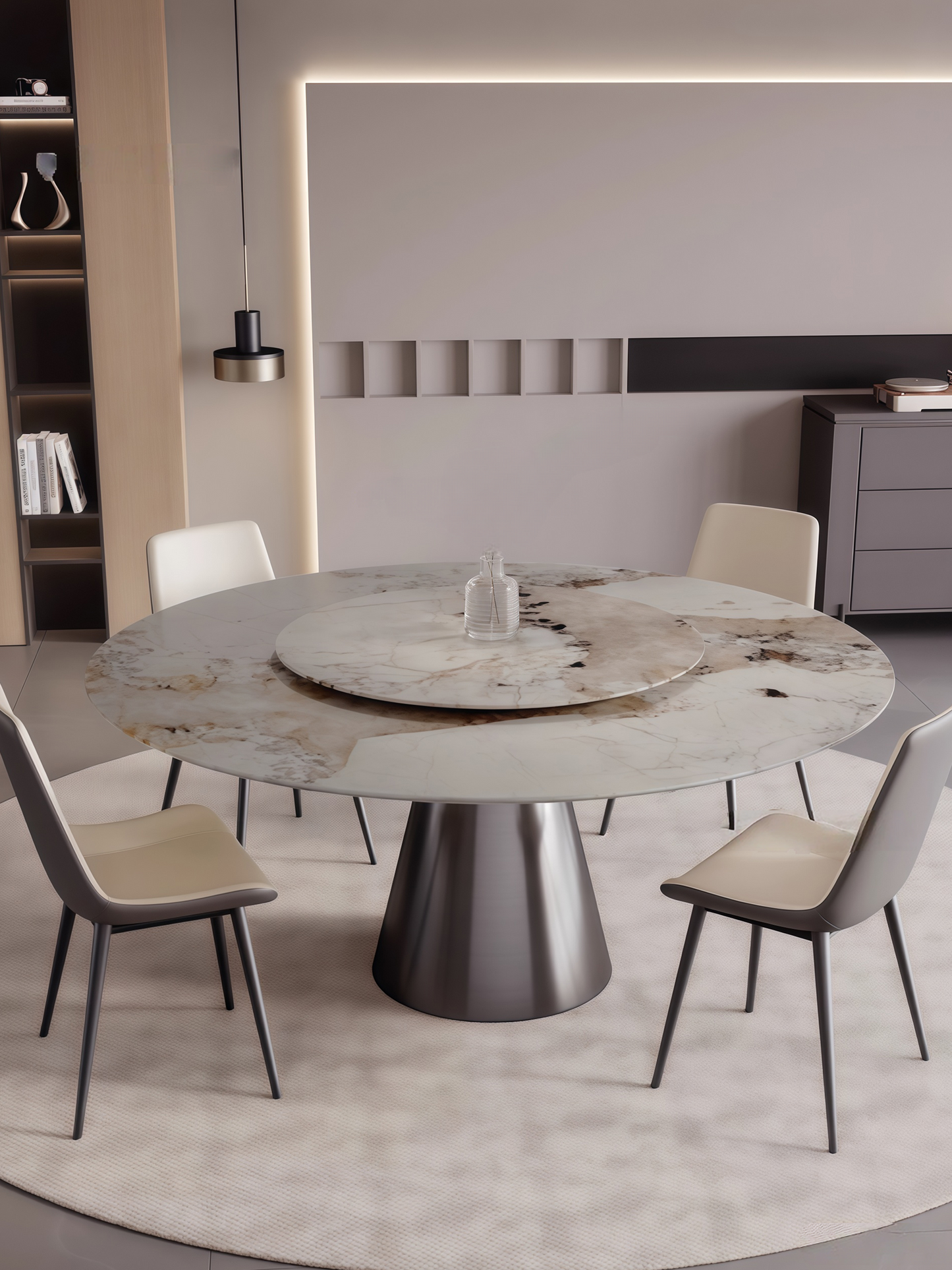 Round rock slab dining table and chair combination for small apartment, Italian minimalist home dining table, modern minimalist light luxury dining table